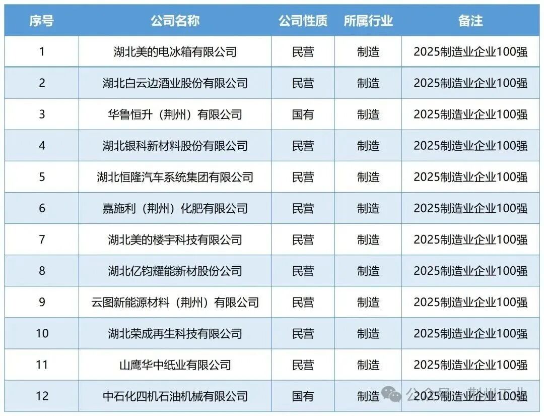 全省第三! 湖北制造业百强, 荆州+12