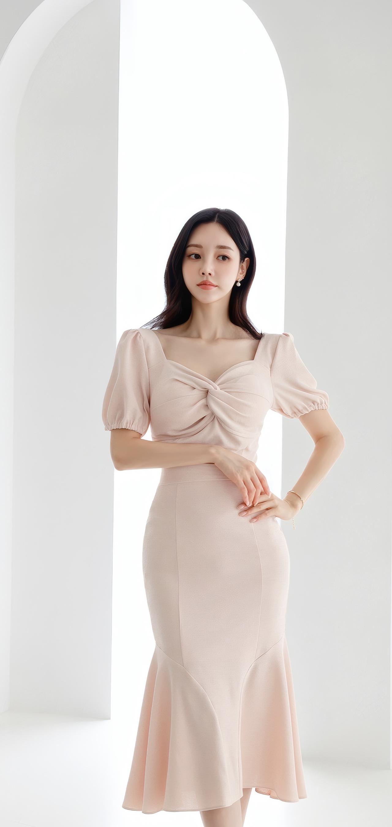 优雅气质穿搭，粉色连衣裙尽显女性魅力