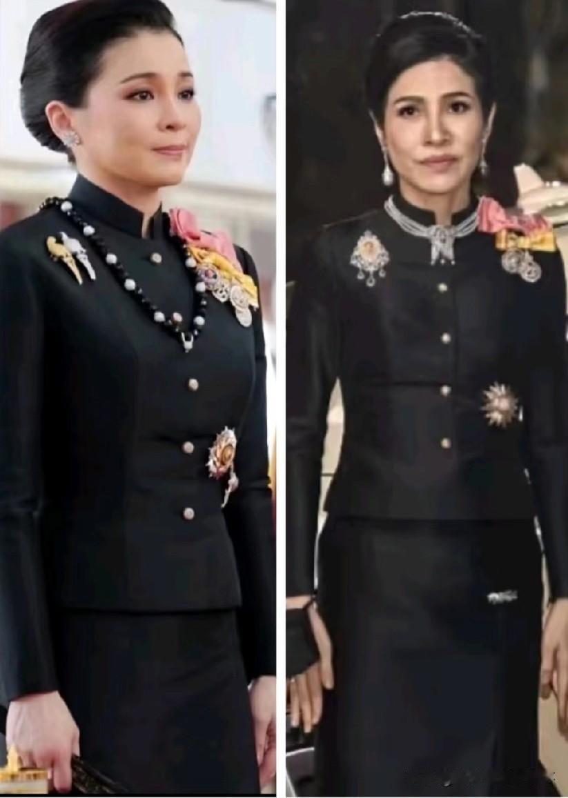 47岁苏提达王后和40岁诗妮娜贵妃同穿黑丧服，状态对比鲜明，泰王选后果然有眼光，
