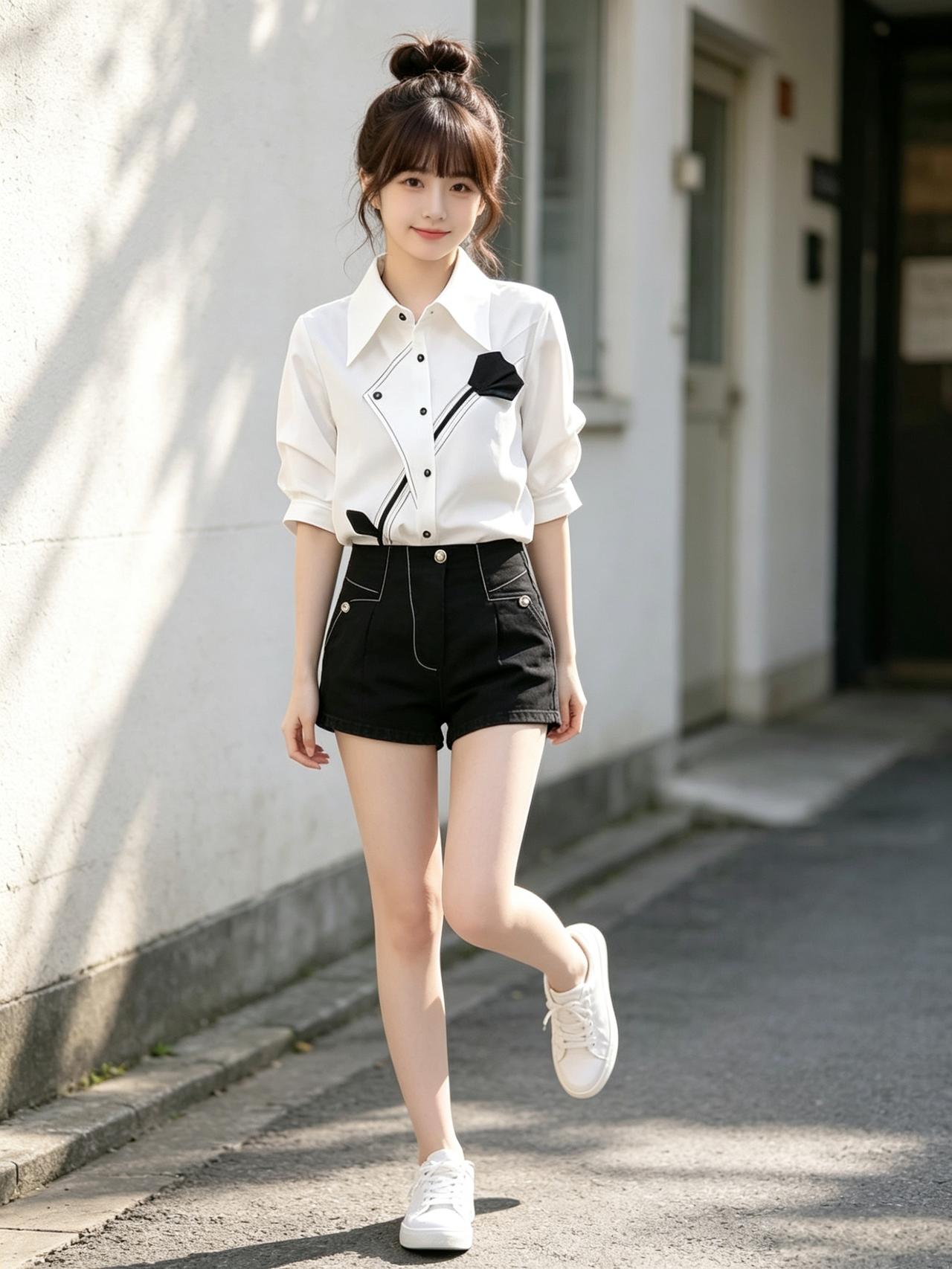 夏日清新穿搭，白色衬衫+黑色短裤，轻松自在！🌞👗👟女人如何穿出含蓄的性感?