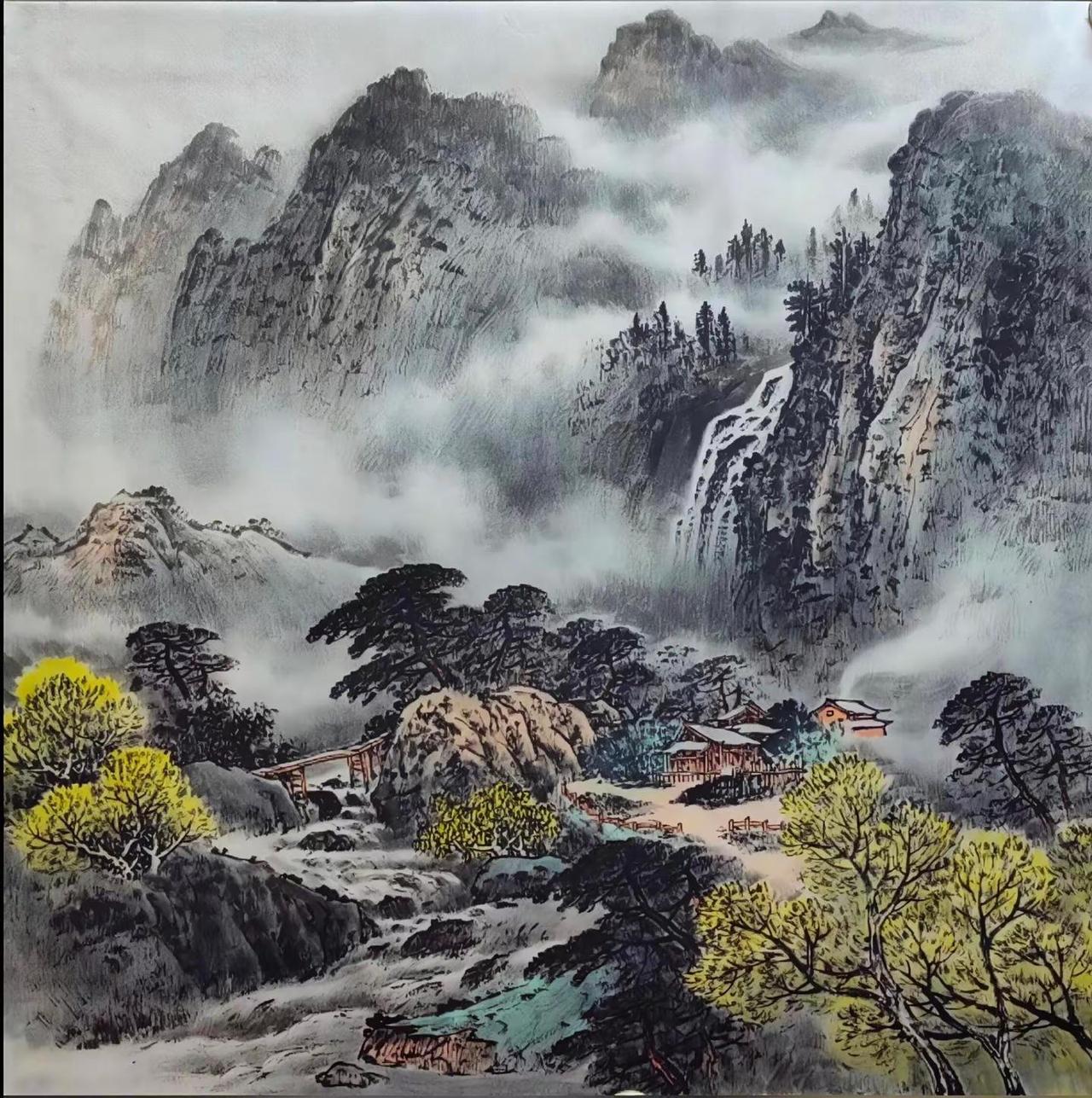 云山清居。写意山水山水作品国画山水纯手绘国画专业水墨传承尺寸：69×6