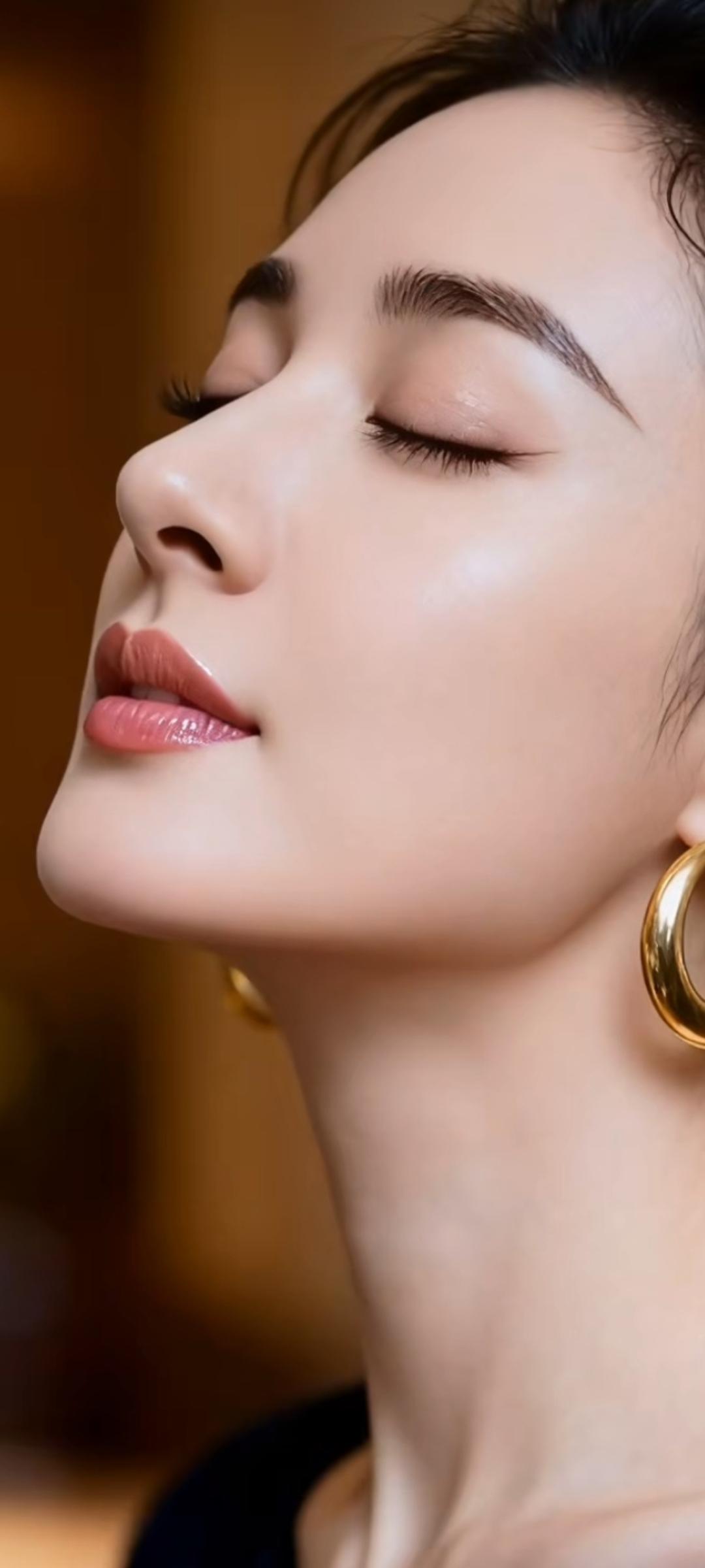 闭眼沉思，金环耳坠，优雅迷人。