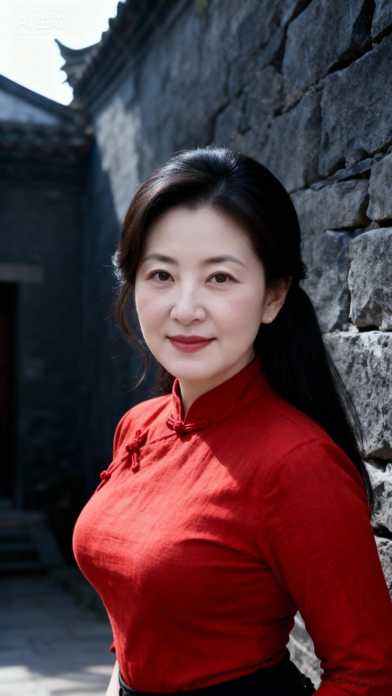 这位女士穿着红色旗袍，靠在石墙上。