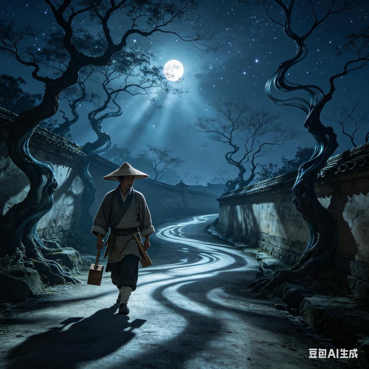 益阳人陈尘，一天夜里，他走夜路回家，快到村口时，忽然听见路边一堵残墙后传来两个人