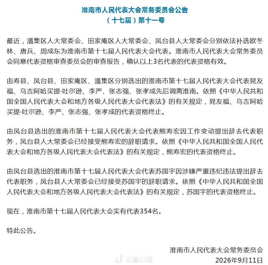 【淮南市人民代表大会常务委员会公告】最近，潘集区人大常委会、田家庵区人大常委会、