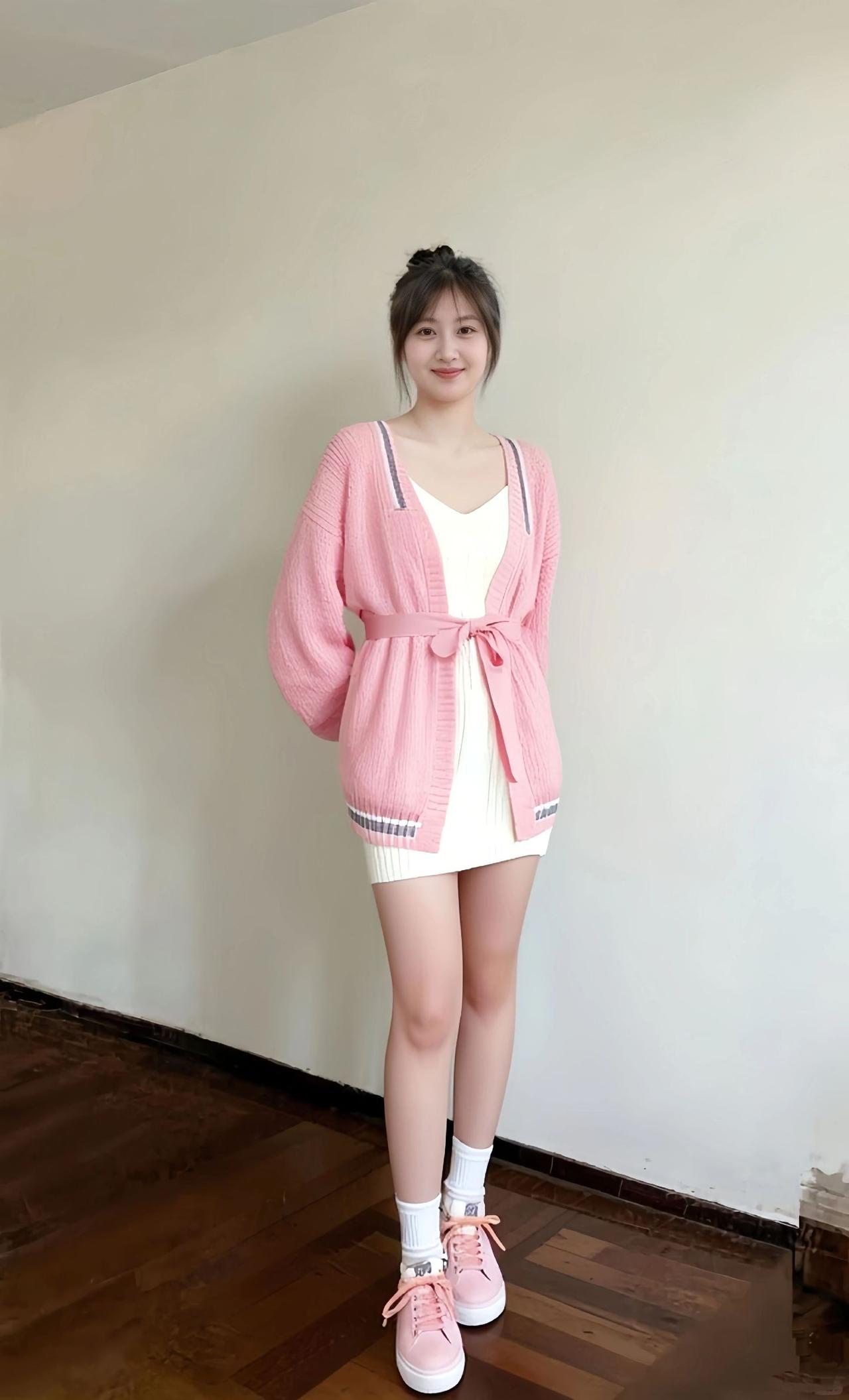 粉色针织开衫+白色连衣裙，甜美少女风，温柔迷人！🌸👗👟