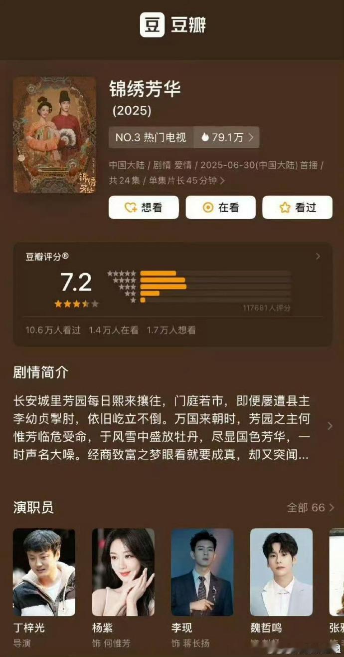 哇哦！《锦绣芳华》豆瓣评分7.2分。它延续《国色芳华》精彩，将商战与权谋交织