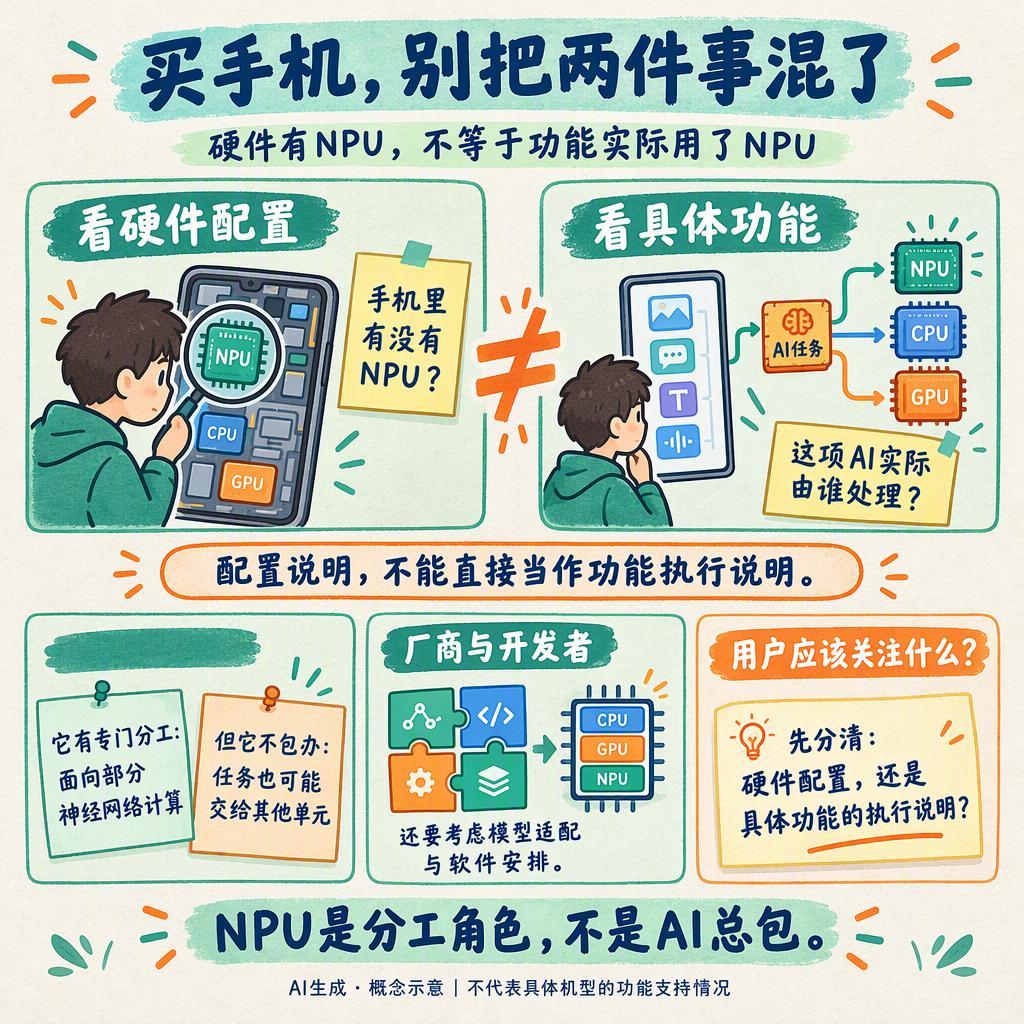 手机有NPU，所有AI功能都归它管吗？把手机想成一间工作室：CPU是通用工位，GPU擅长并行作业，N