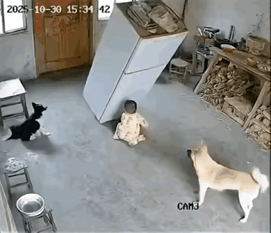 狗狗用生命护主，让人泪目。监控中，两只狗狗在屋里陪小主人玩耍，两只狗狗的眼睛一