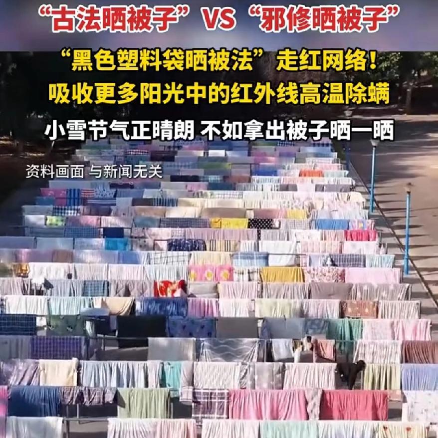 晒被子也有玄学吗最近黑塑料袋晒被法爆火说裹上黑袋能吸红外线、高温除螨，还吹成