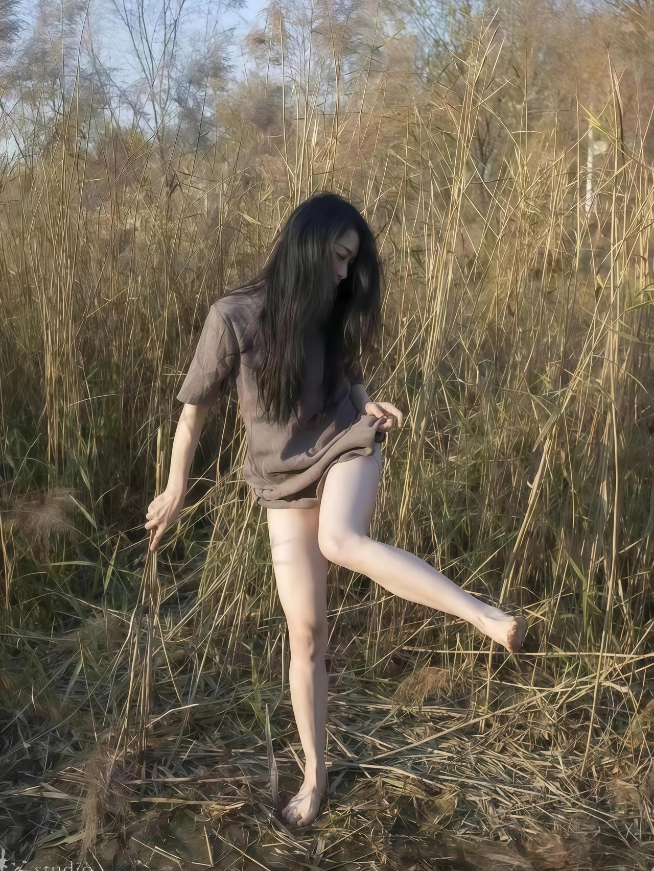 秋苇摇着薄暮的金芒长发垂落，像未绾的月光赤脚踩碎枯草的呢喃一步，踏皱了风的