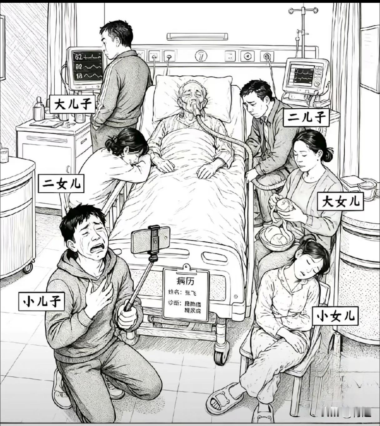 老人住院六个子女在病床上考你眼力，哪个才是真正孝顺的？在这个画面里，真正