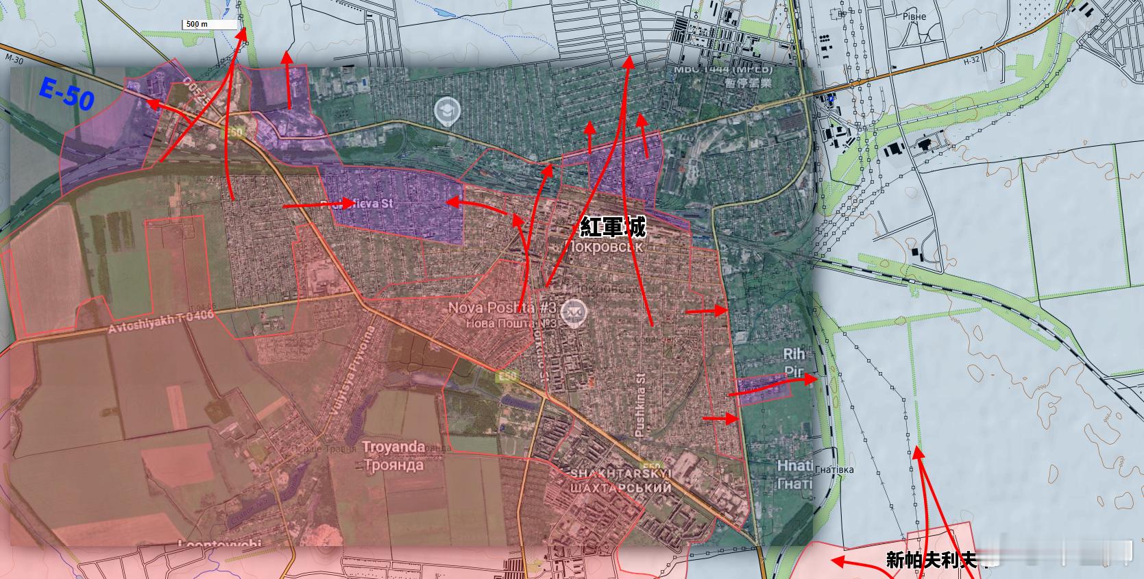 更新紅軍城城區最新態勢：1.烏軍失去鐵路線以南的所有陣地2.左翼的掩護進攻擴
