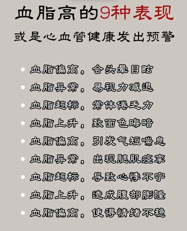 头晕乏力腿抽筋，警惕血脂偏高9个信号