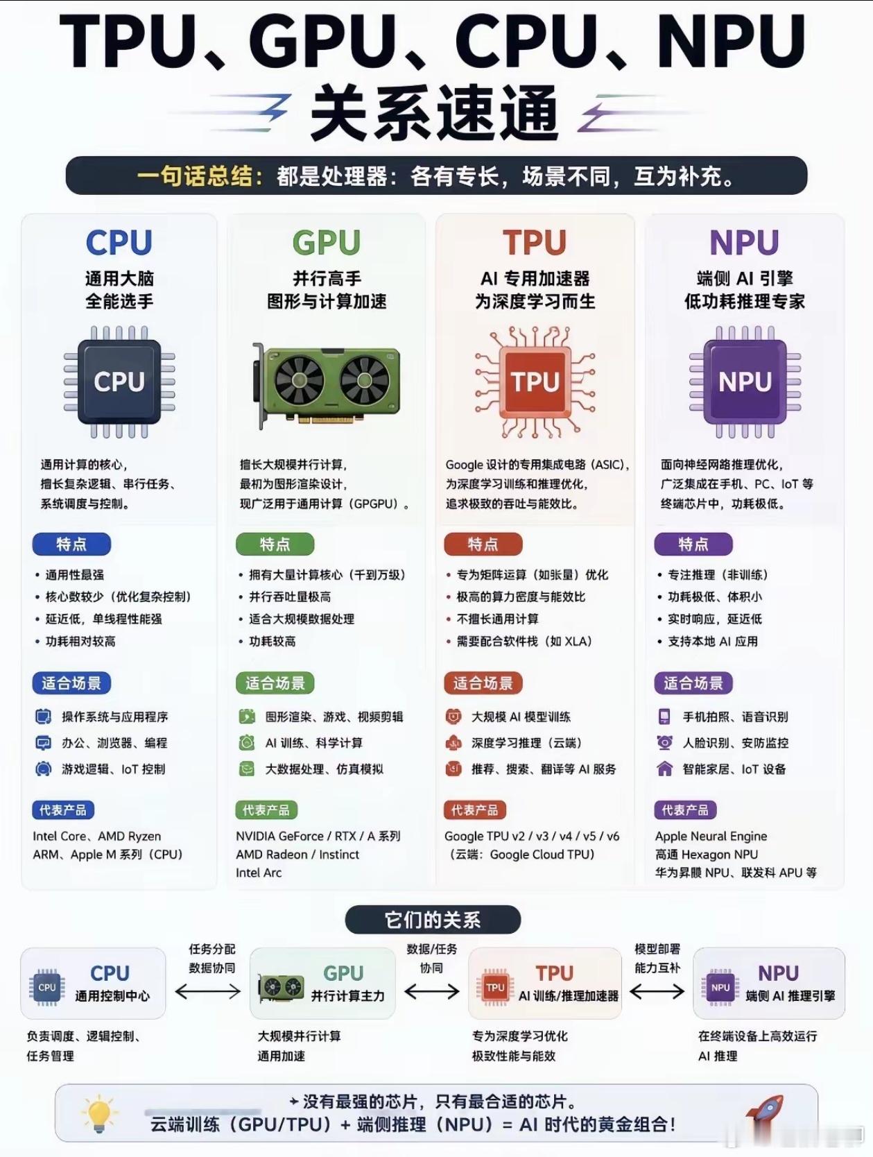一图看懂GPU、CPU、TPU、NPU的区别！