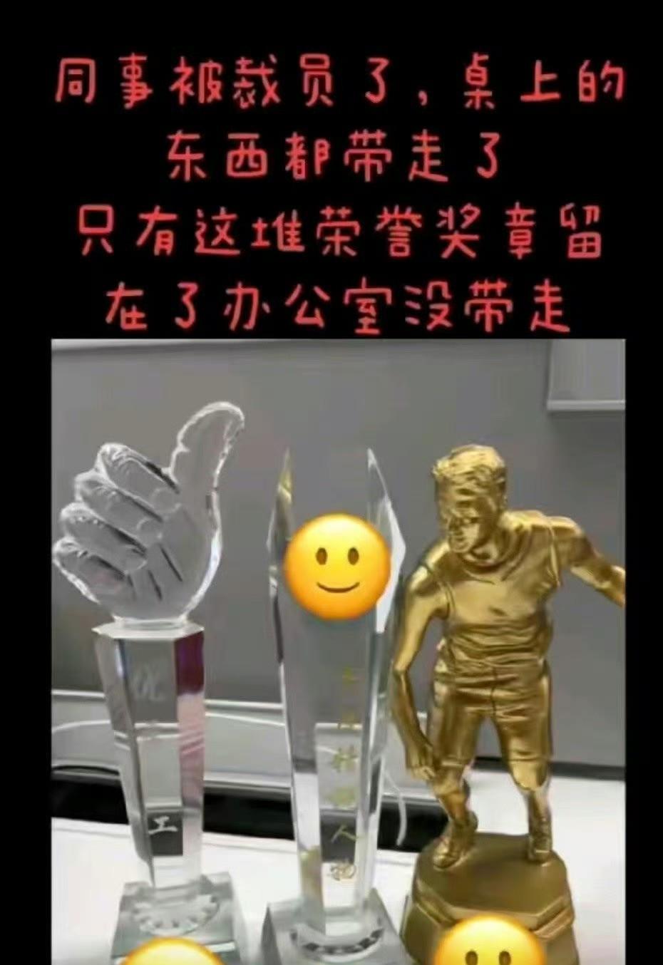 同事被裁员了，桌上的东西都带走了，只有这堆荣誉奖章留在了办公室没带走……#你问我
