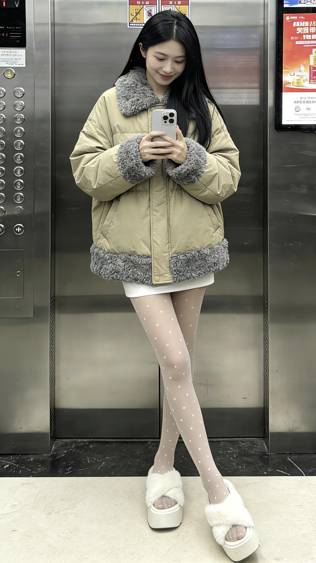 电梯拍照冬季穿搭丝袜穿搭辣妹穿搭日常穿搭分享