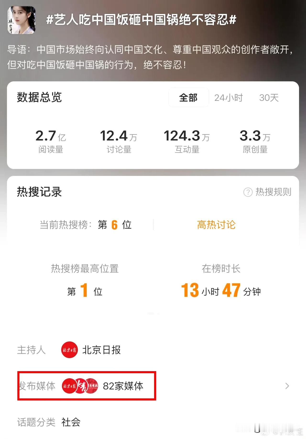 辱华是社会问题，涉及名族尊严，不是娱乐问题。上的是主榜热搜第一，80多家官媒联