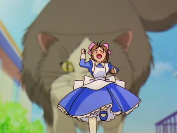 魔卡少女樱变小的小樱被大猫追赶，吓哭了