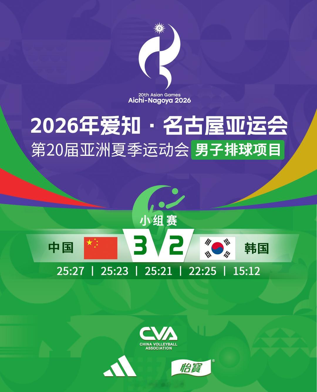 2026爱知名古屋亚运会中国3-2韩国（25比27、25比23、25比21、2