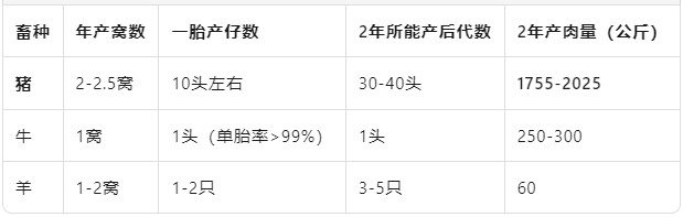 猪牛羊鸡肉类生产的第一性原理：繁殖能力。鱼肉潜力最大，总量已是猪肉两倍。长期排名