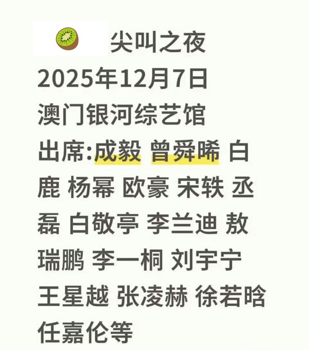 尖叫之夜网传12月初澳门举行，邀请的都是近一年有大热剧的艺人，看好谁拿下今年的尖