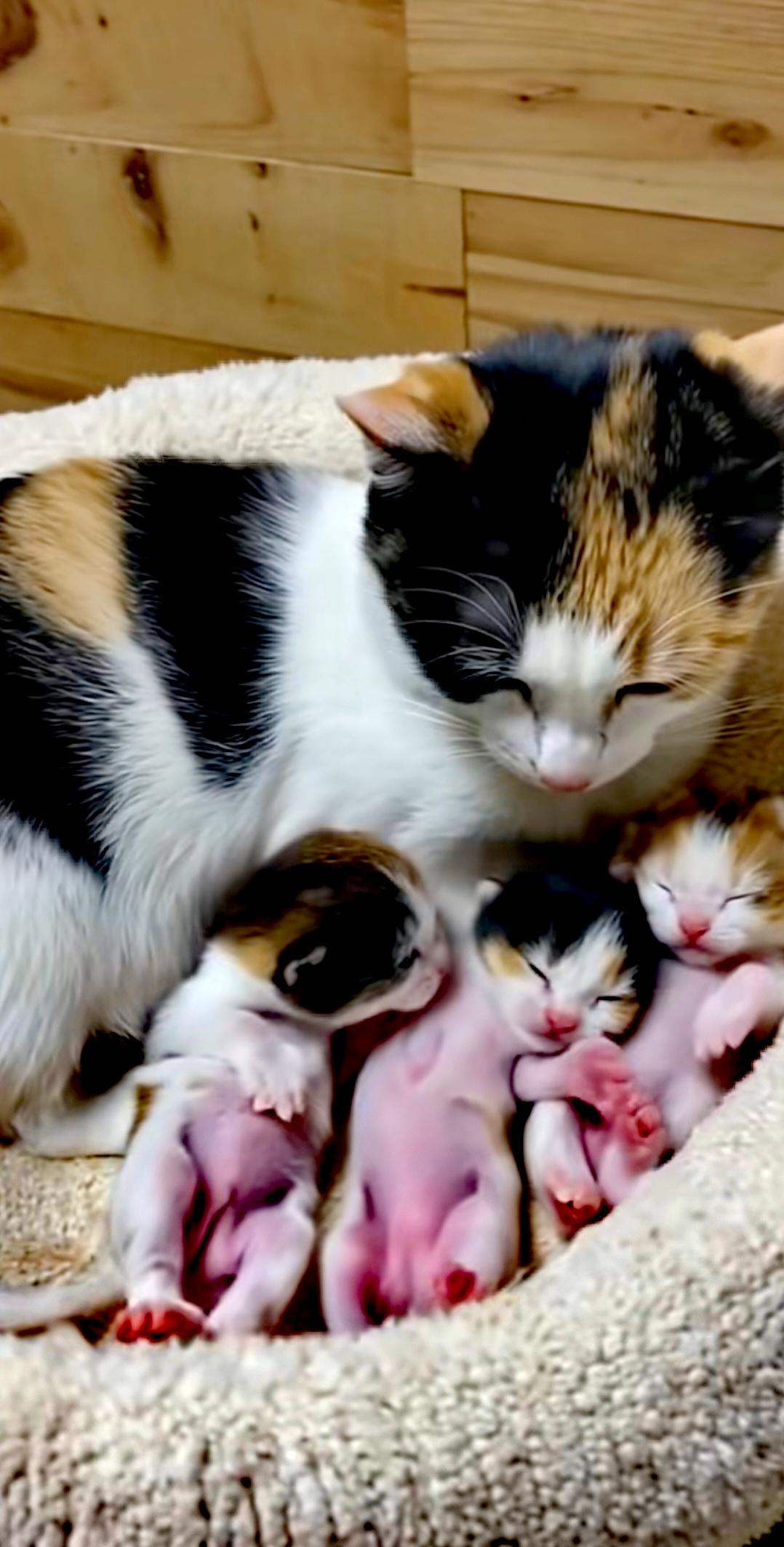 登门探望朋友家新晋猫妈妈，三只奶猫通体粉嫩，四脚朝天窝在母猫怀中酣睡，软萌模样，