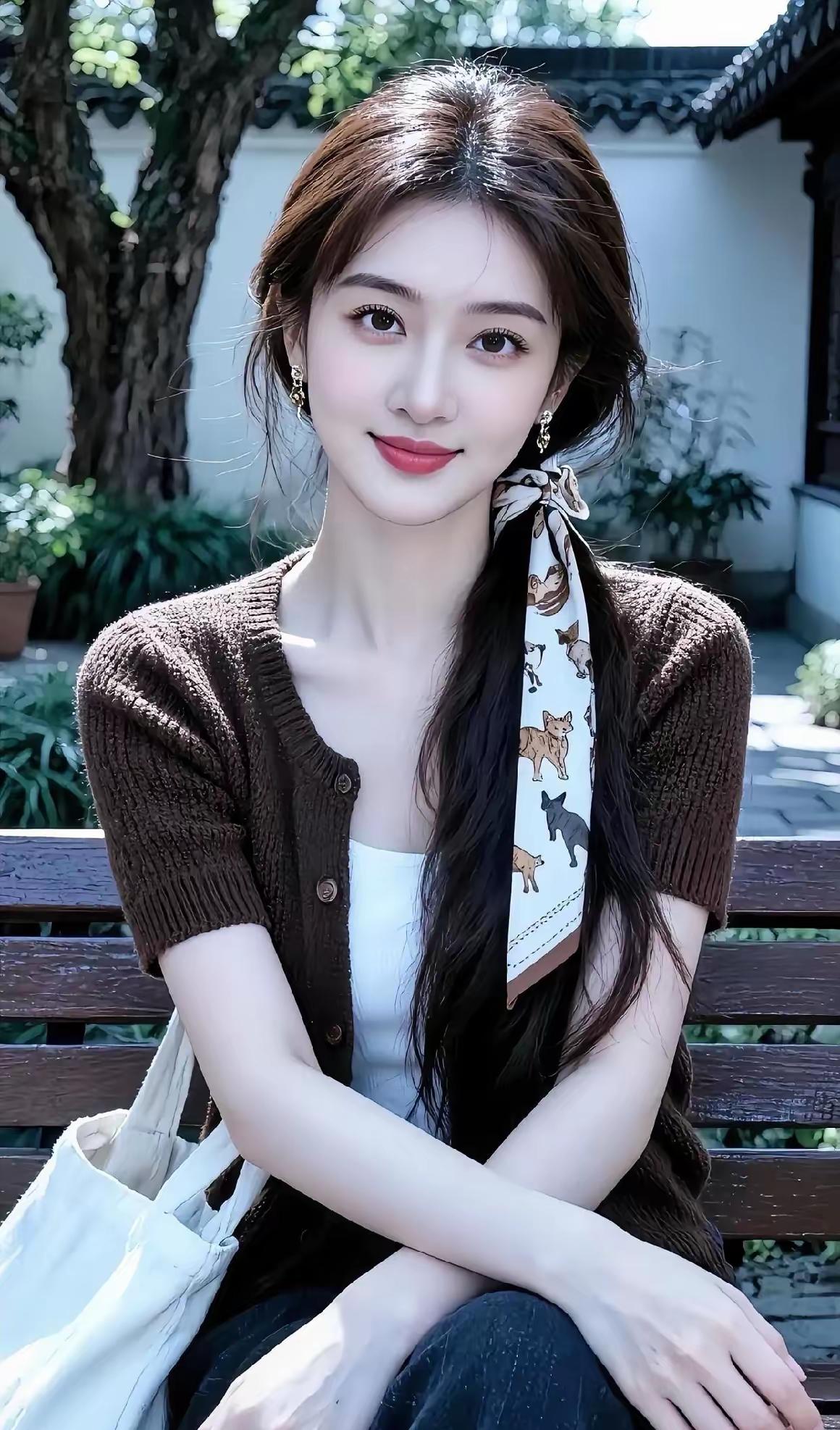 这姑娘坐在长椅上，笑得好甜。
