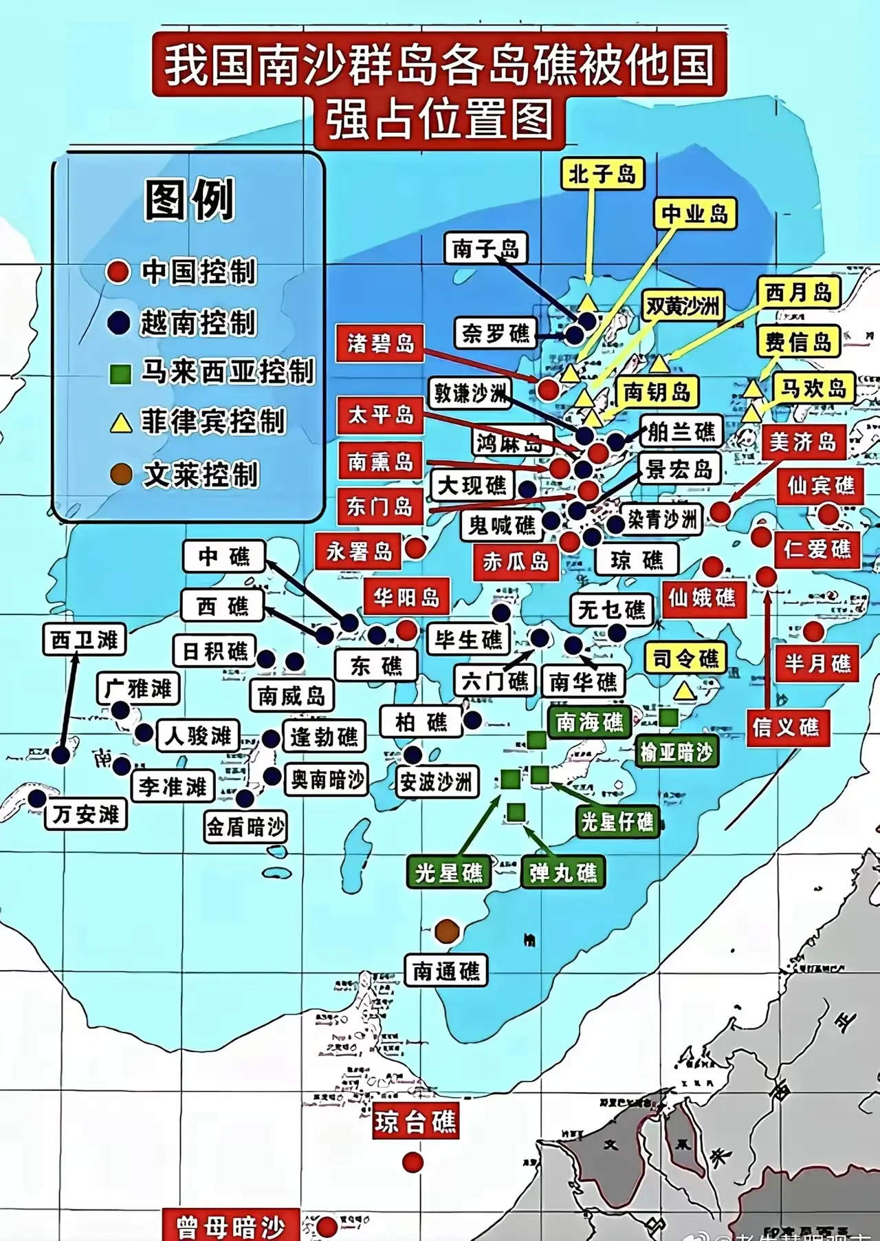 我国南海各岛礁被临国实际控制情况示意图。不忘历史，强我中华。