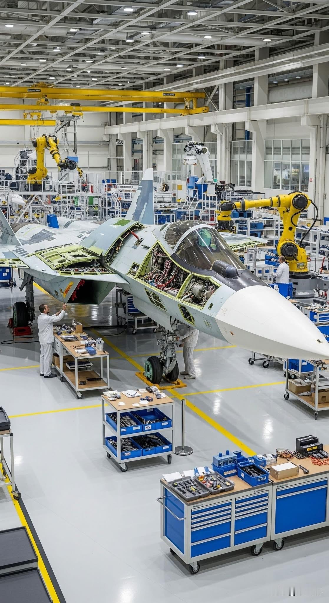 这架正在组装的飞机是苏霍伊Su-57隐形多用途战斗机。它在北约的报告名称中被称为