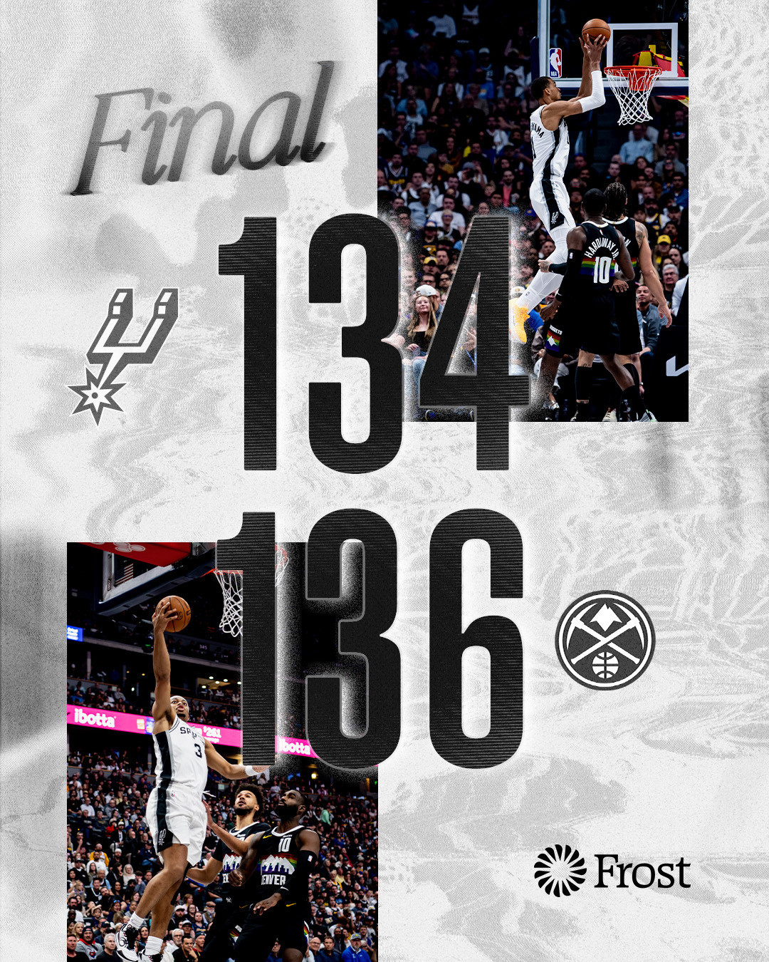 全场比赛结束！马刺客场134-136加时不敌掘金，结束11连胜马刺（59-19）