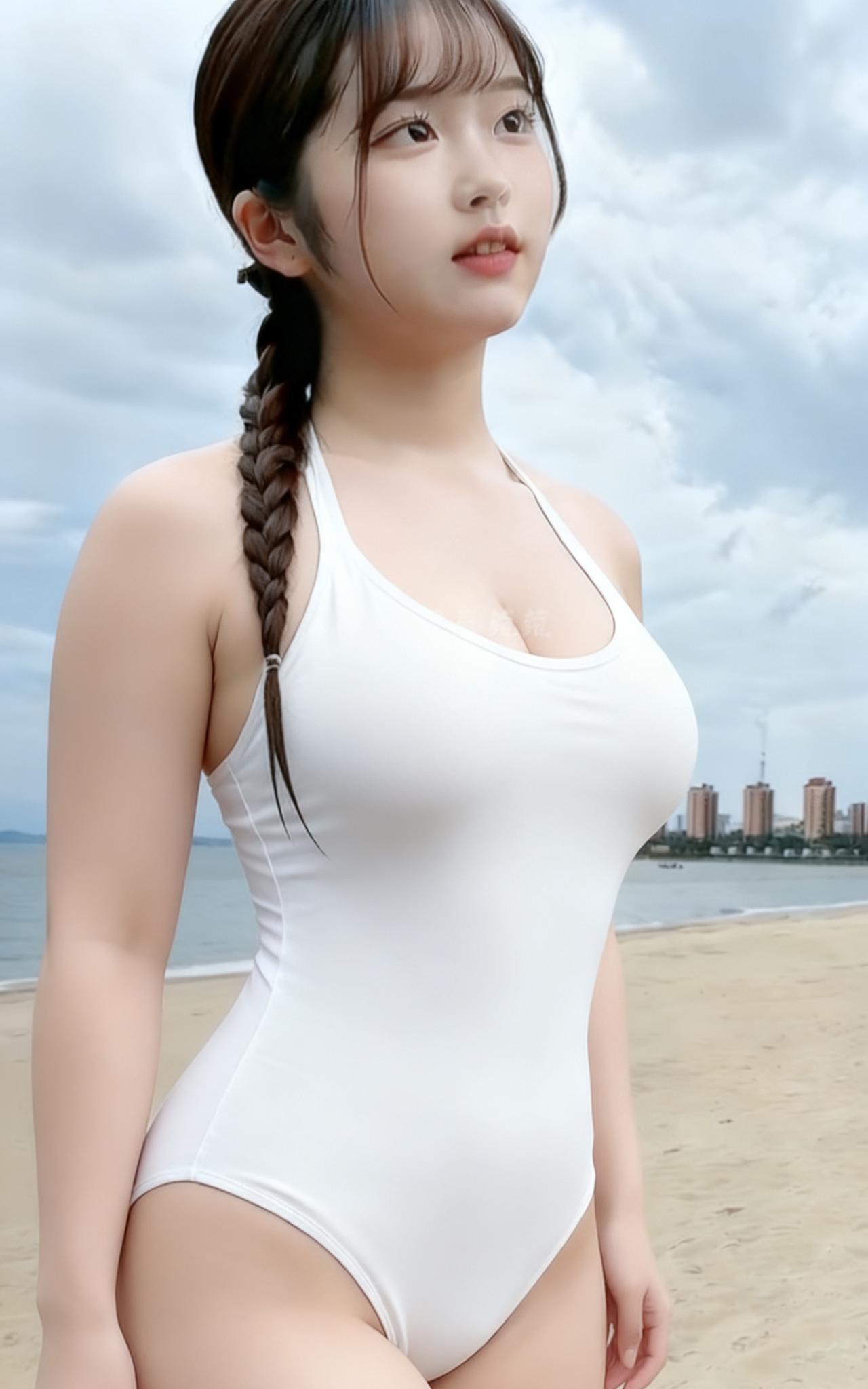 《少女的清新风情》在海边的微风里，她身着纯净白连体泳装，如清新的海浪精灵。麻花