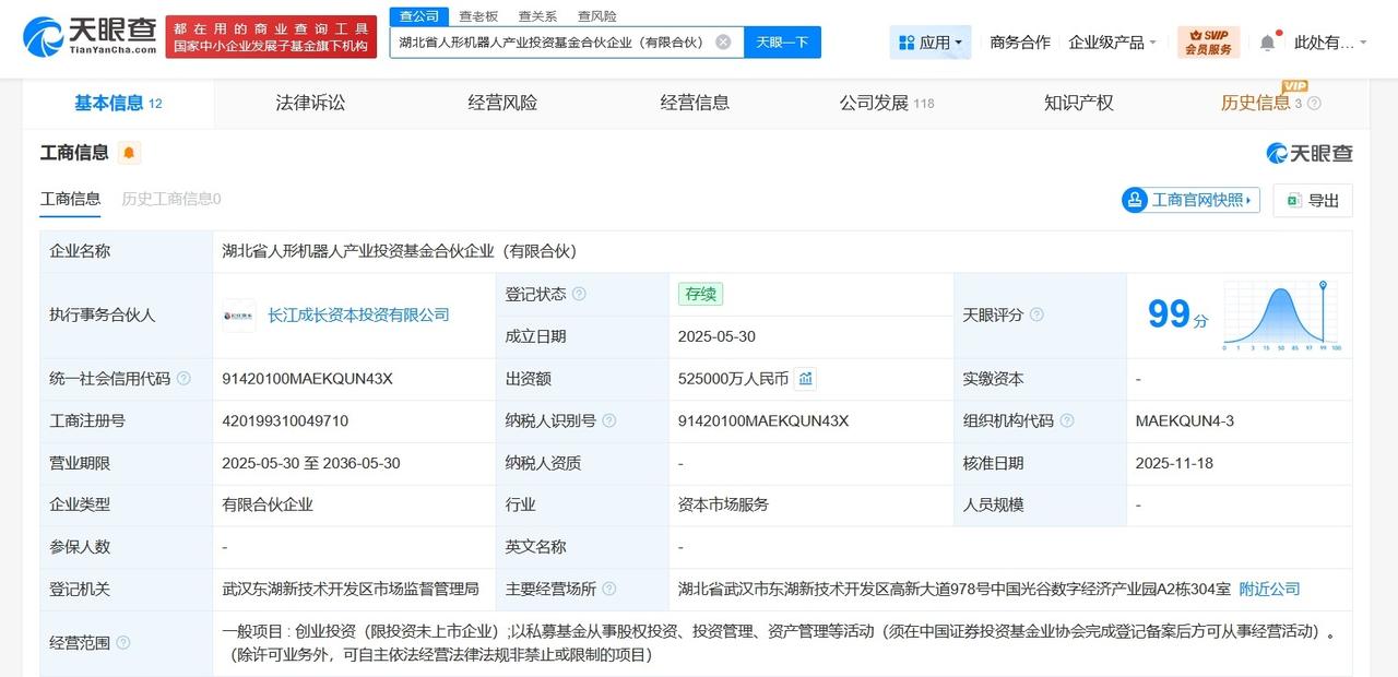 湖北省人形机器人产业投资基金增资至52.5亿天眼查工商信息显示，近日，湖北省人