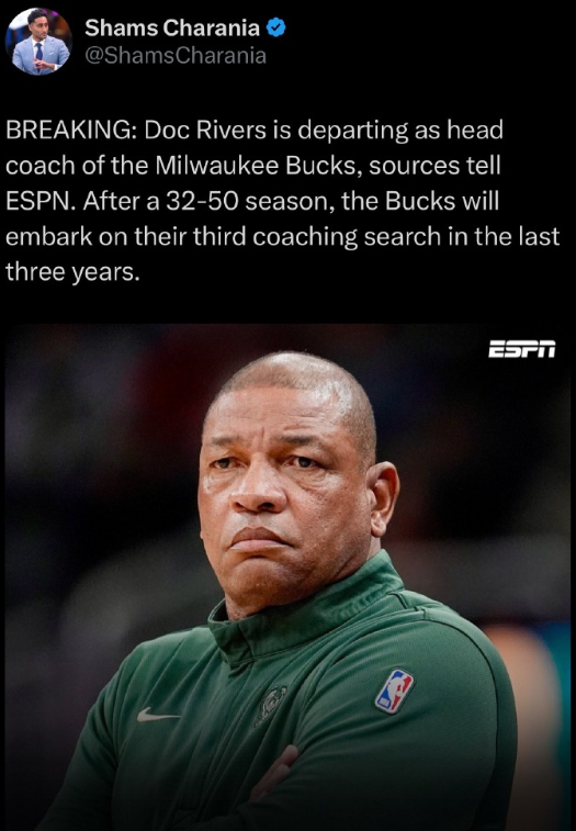 Shams：雄鹿解雇主教练里弗斯。雄鹿将在2026-27赛季支付里弗斯千万年