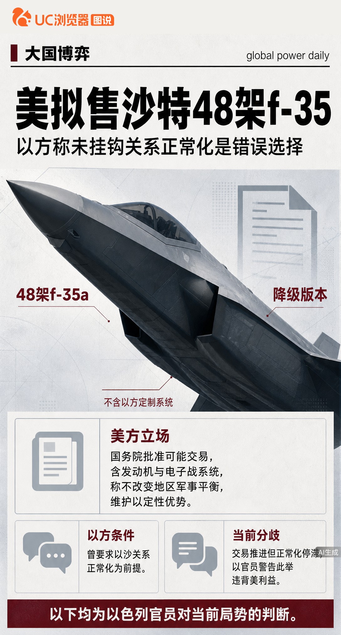 美国推进向沙特出售48架F-35，不再要求先与以色列关系正常化。以方曾想把战机当谈判筹码，如今交易先