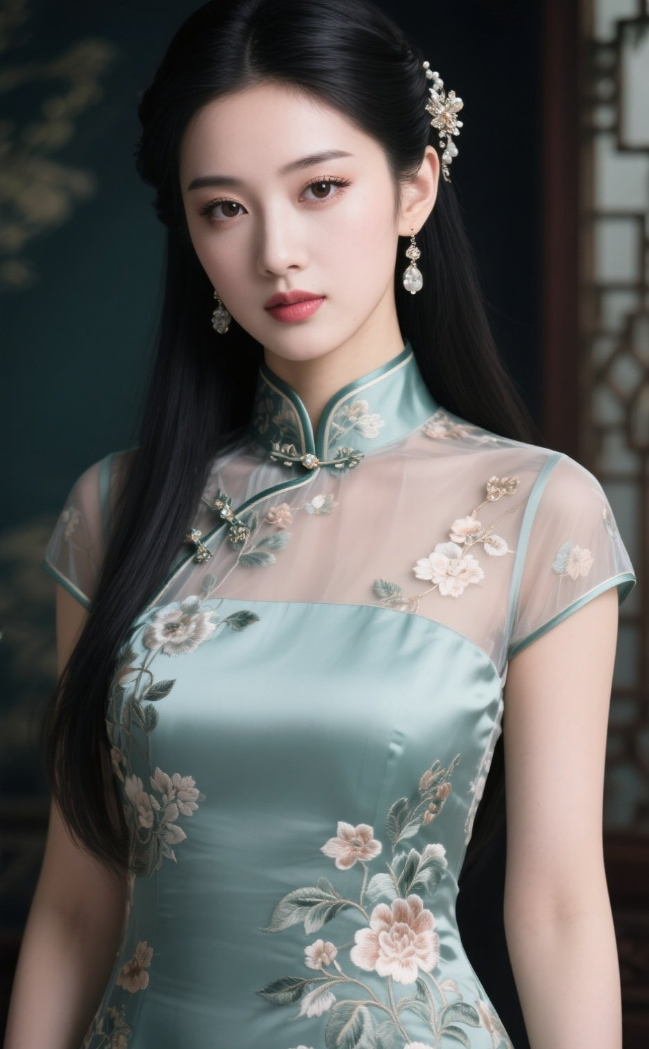 旗袍美人体态轻盈，一袭华服倾国倾城