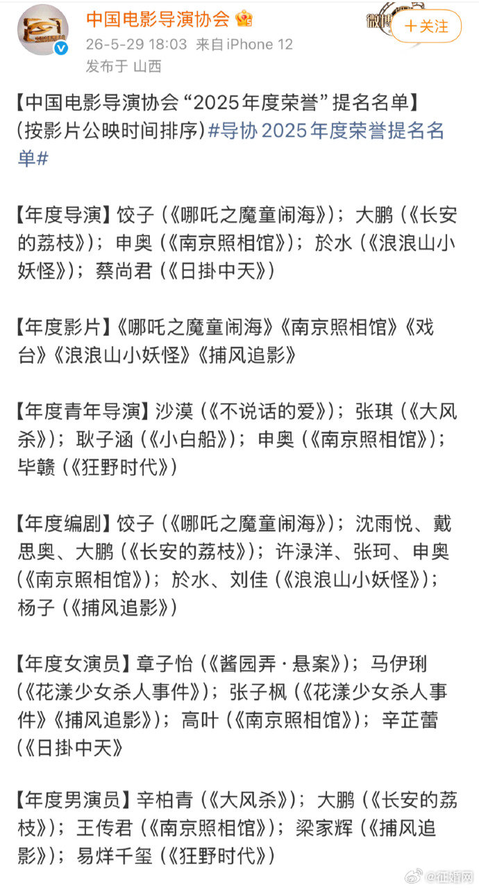 肖战0提中国电影导演协会中国导演协会公布正式提名名单