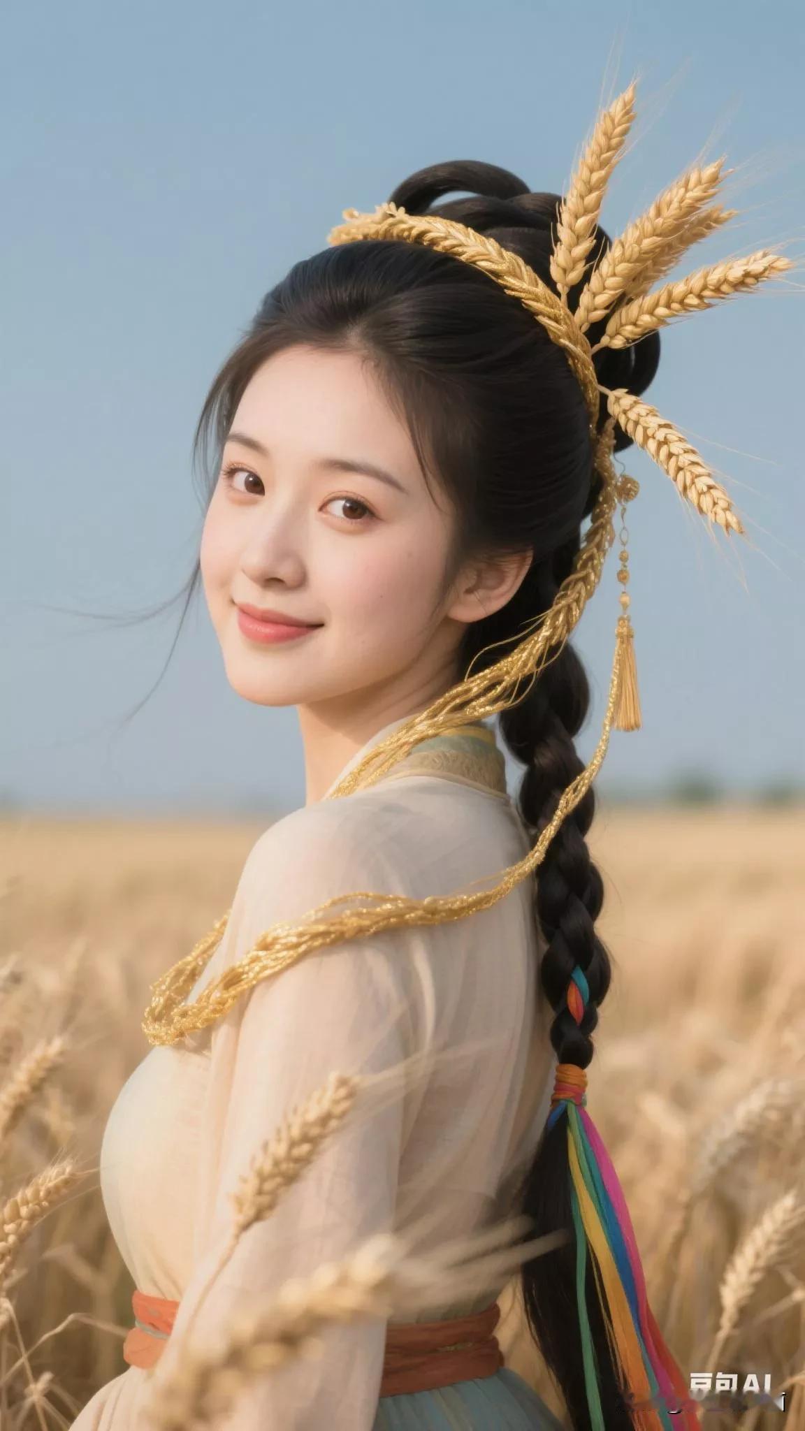 古风少女在麦田中，笑靥如花，金发飘逸张立启原创书画AI作品古仕女发髻集锦第277