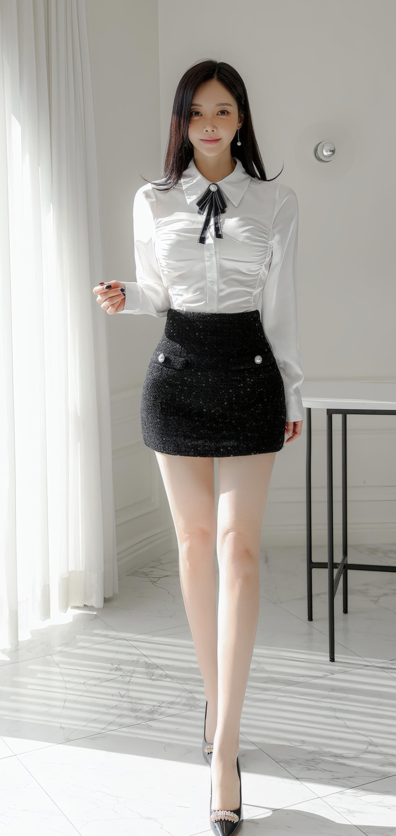 优雅白衬衫搭配闪亮黑短裙，简约时尚，气质满分！👗✨