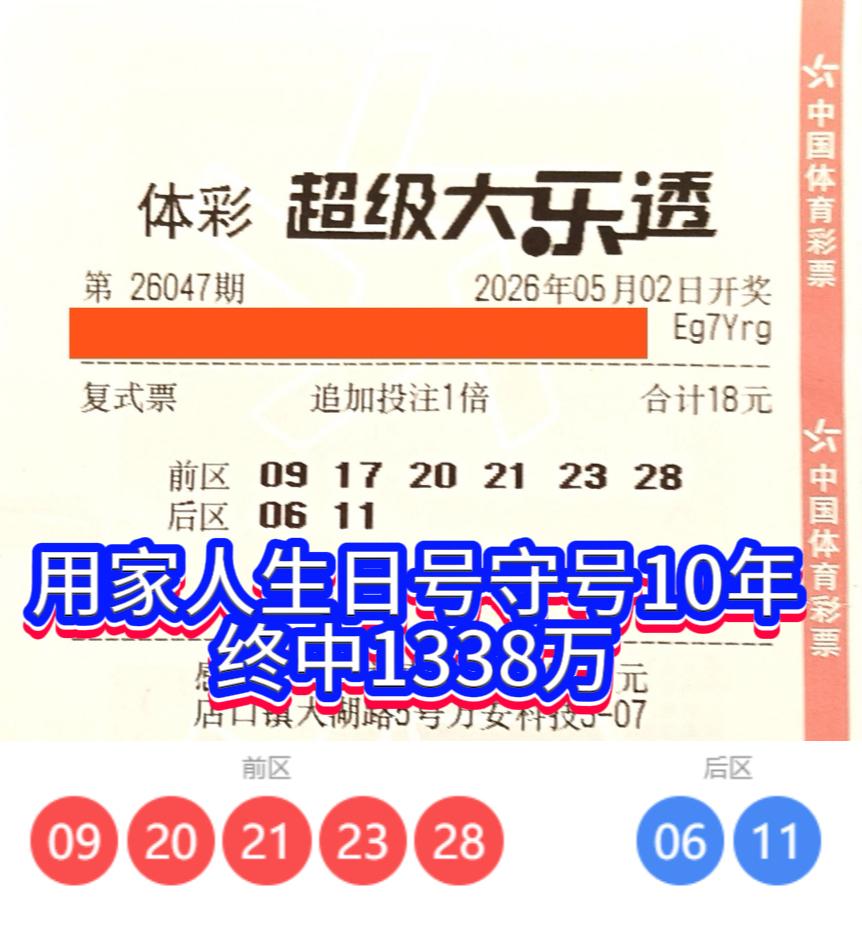 守号十年终圆梦！浙江彩民用家人生日号喜中1338万。2026年大乐透2604