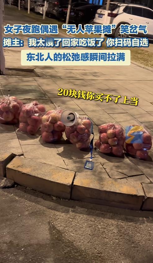 “笑不活了!”10月27日,辽宁鞍山,一女子夜跑时遇到了个无人苹果摊,几袋苹果整