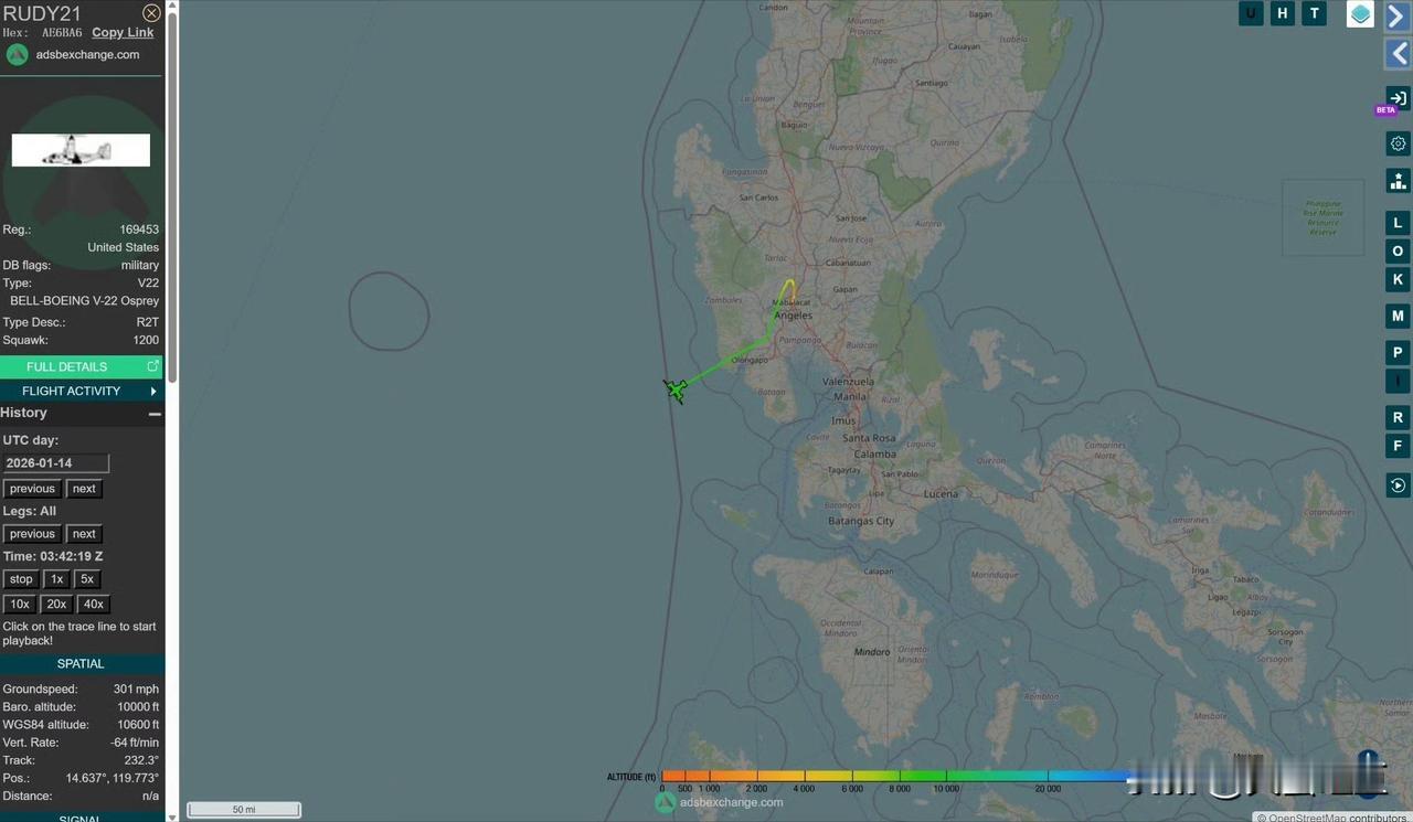 林肯号在黄岩岛周边持续活动超20天——1月14号，CMV-22B的飞行活动显示，