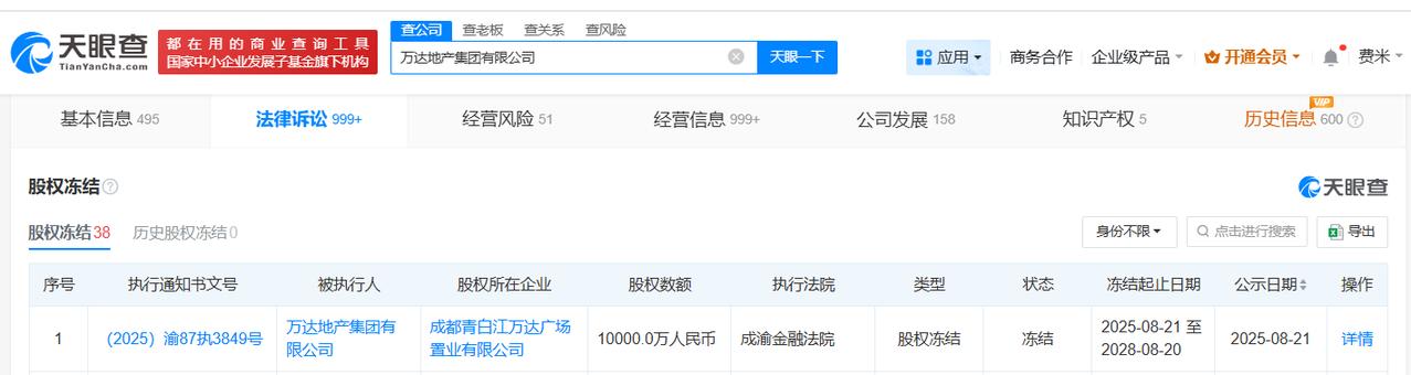 万达地产被冻结1亿股权万达地产所持1亿股权被冻结天眼查天眼风险信息显示，近日