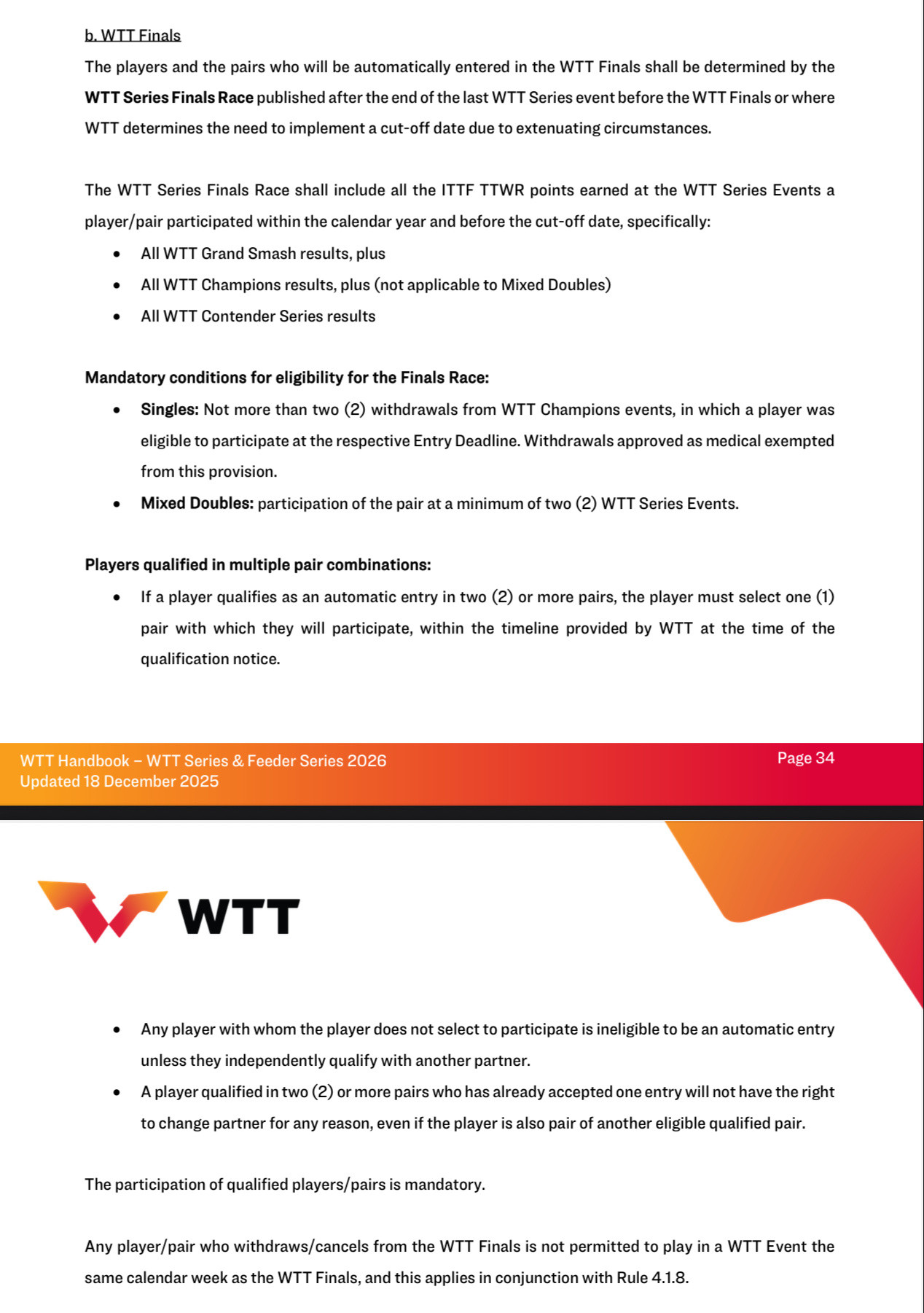 【2026赛季WTT总决赛参赛资格】WTT总决赛参赛资格，将依据WTT总决赛前最