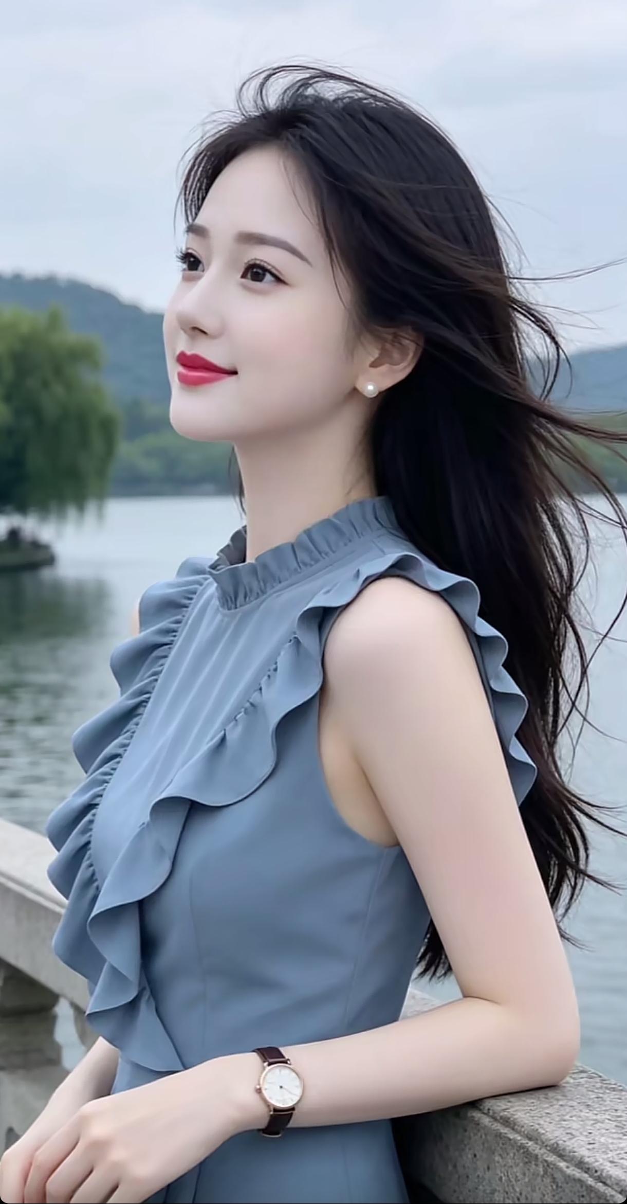 湖畔漫步，轻风拂面，优雅蓝裙，时光静好。分享绝美的仙女照湖畔气质照湖畔美人照