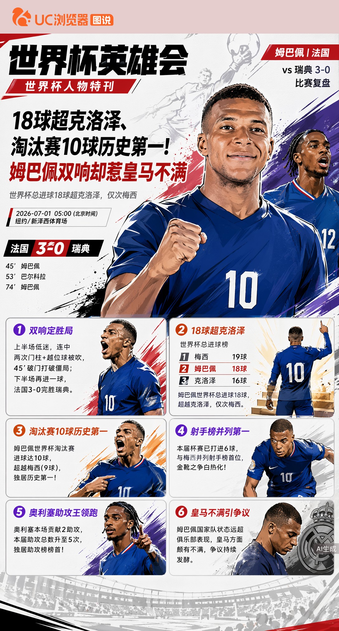 18球超克洛泽、淘汰赛10球历史第一！姆巴佩双响却惹皇马不满