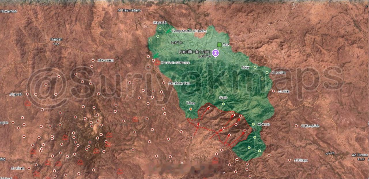 Suriyak更新了昨天的也门战况地图：1、在塔伊兹包围圈的萨布尔山南部，胡