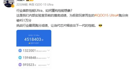 iQOO 15 Ultra跑分创纪录：451万分刷新行业新高