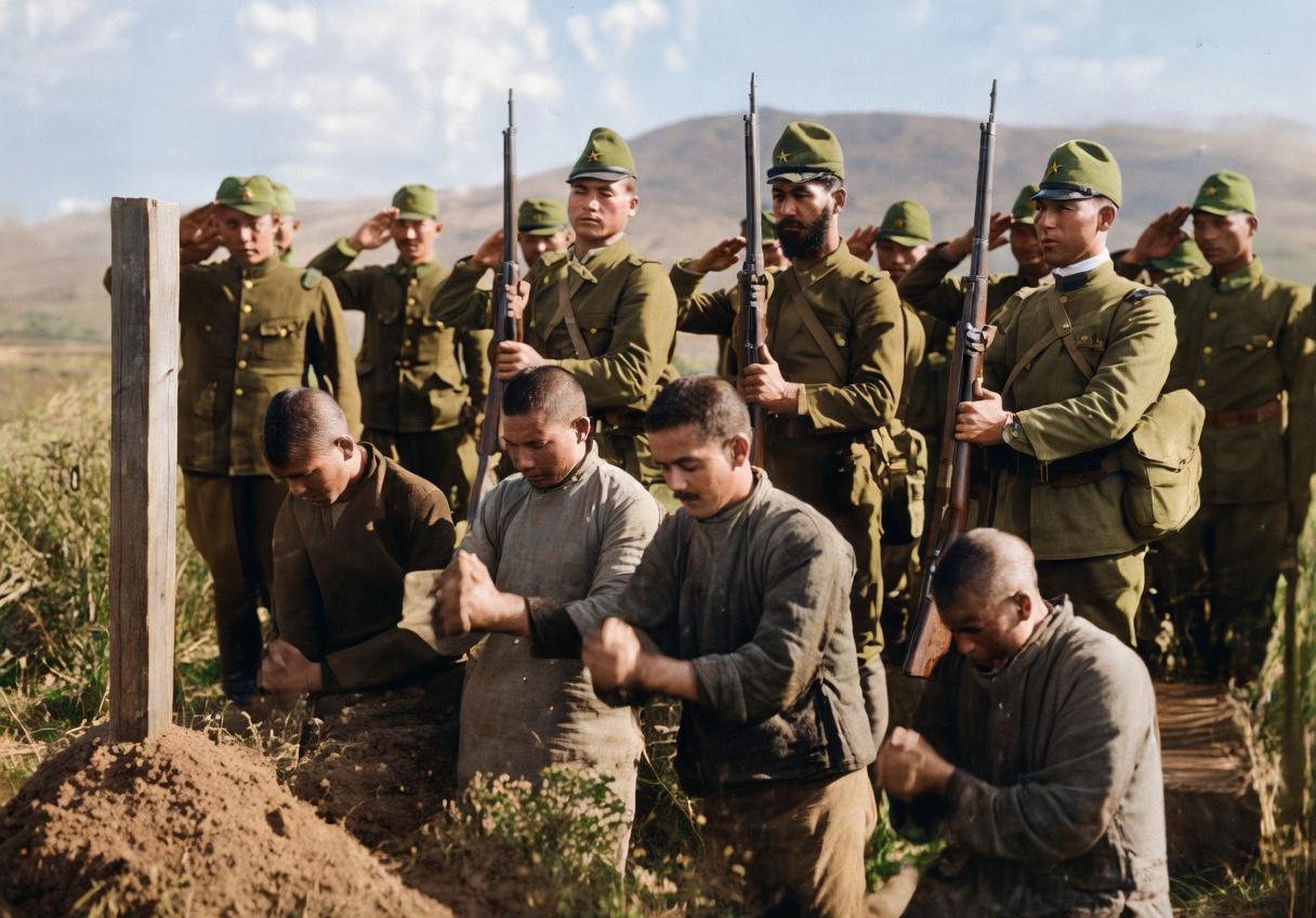 抗日战争时期，四位被绑住双手的中国战俘，正低头合掌，对着一座简陋的土墓虔诚祭奠，