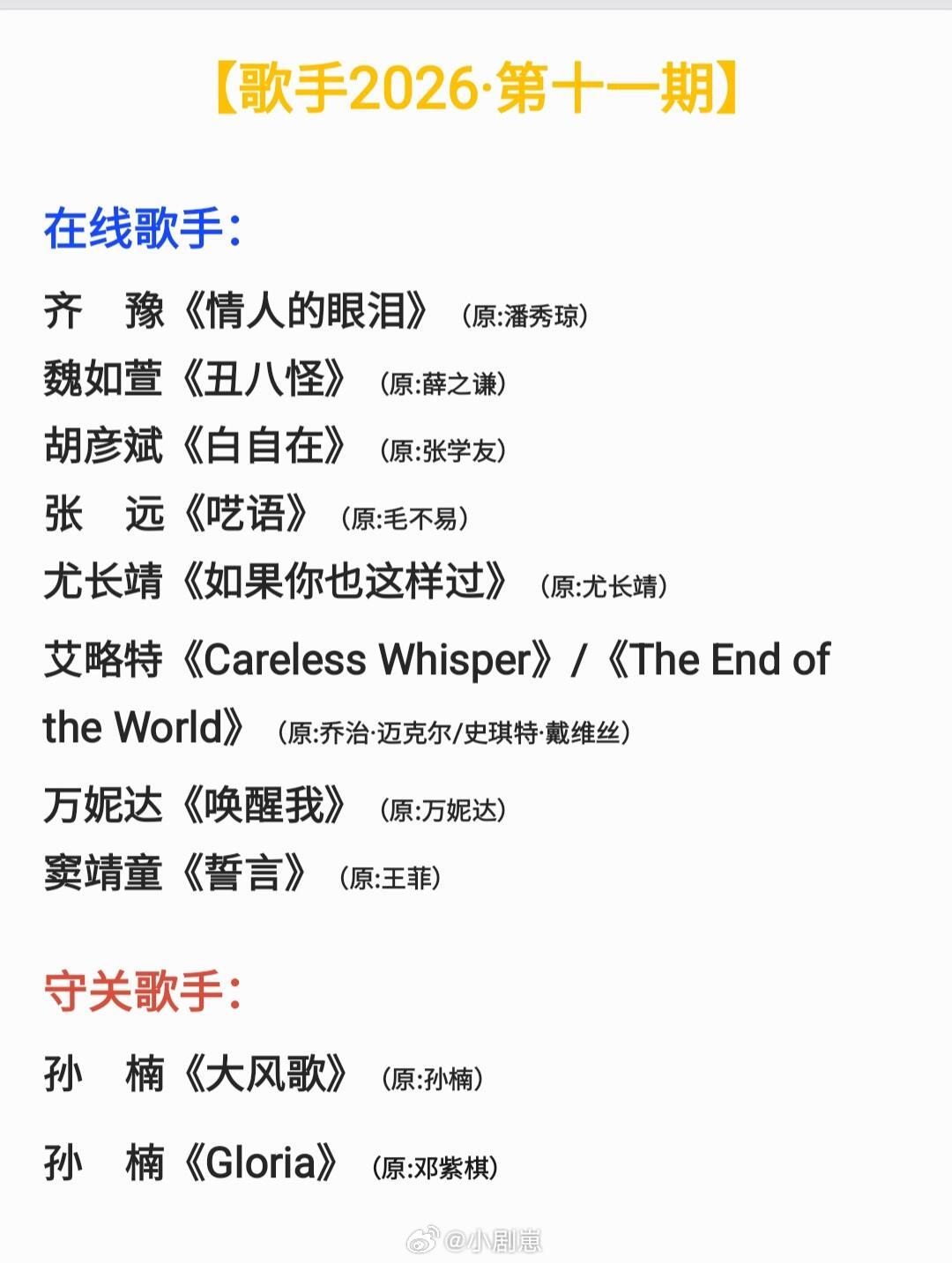 歌手歌手2026第十一期歌单冲刺赛第二场震撼来袭，究竟哪六位歌手能顺利进军歌王之